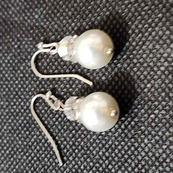 Hand Crafted Pearl Earrings Pierced Beaded Faux Pearl Rhinestone Crystal Drop - Picture 4 of 5